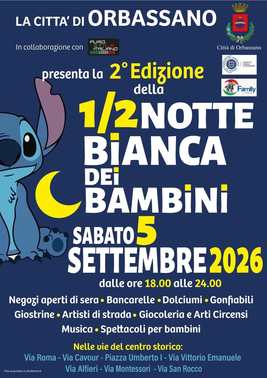 Locandina 2° Edizione della 1/2 Notte Bianca dei Bambini 2026 a Orbassano (Torino)