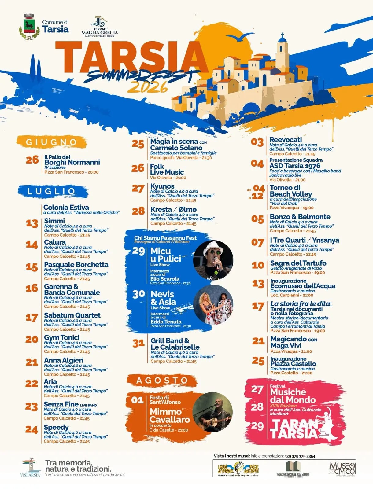 Locandina calendario eventi estate 2026 a Tarsia (Cosenza)
