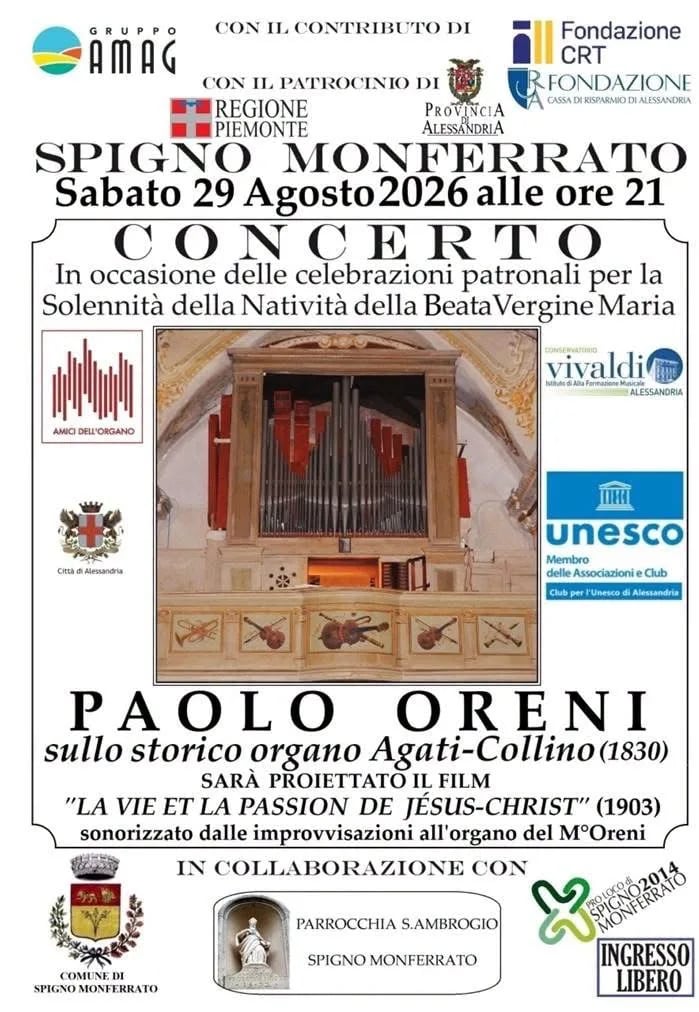 Locandina Concerto Paolo Oreni su organo storico 2026 a Spigno Monferrato (Alessandria)