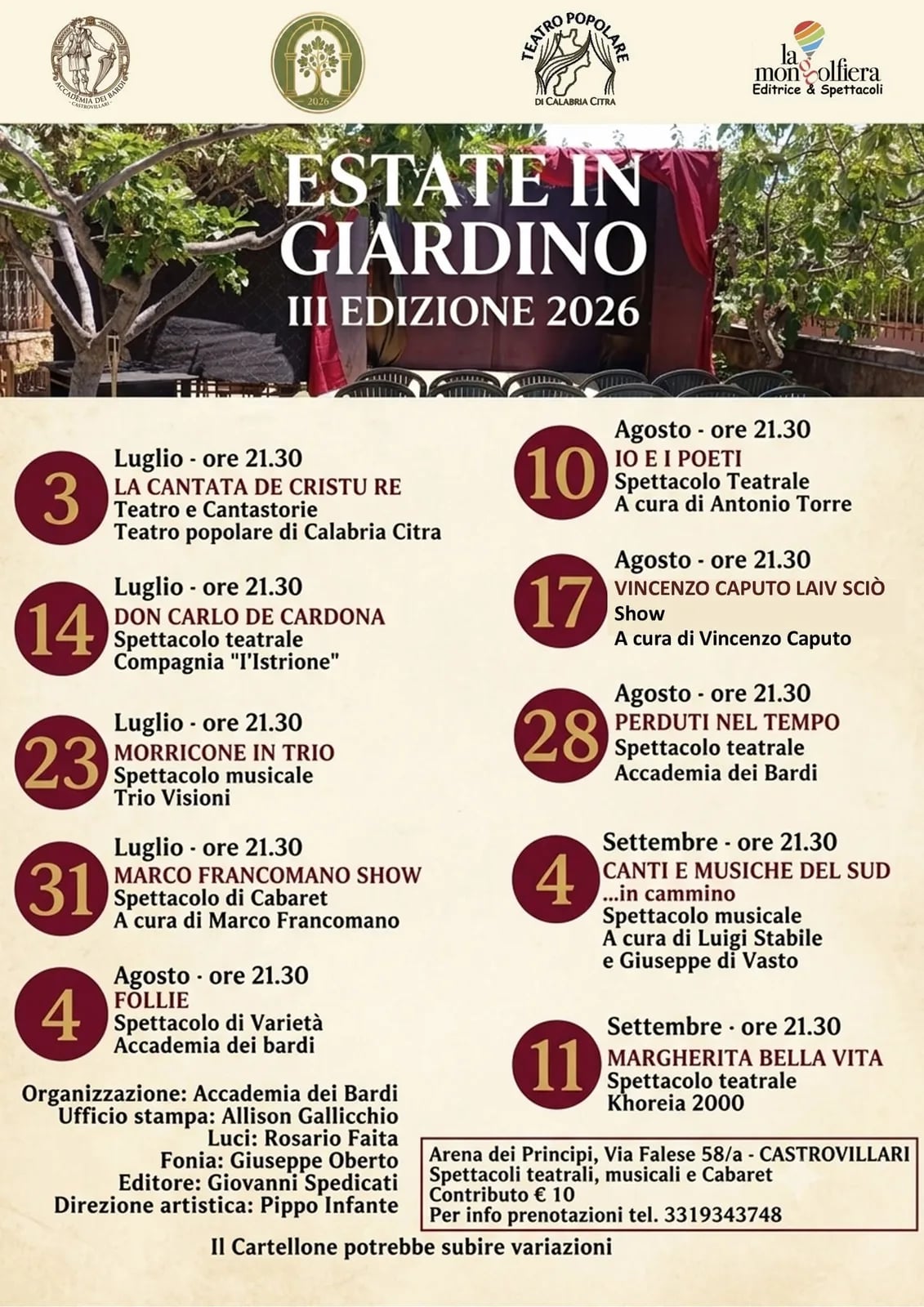 Locandina calendario eventi estate 2026 a Castrovillari (Cosenza)