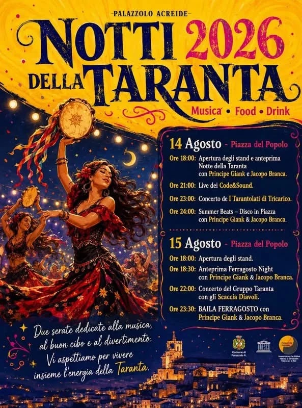 Locandina Notti della Taranta 2026 - Palazzo Acreide a Palazzolo Acreide (Siracusa)