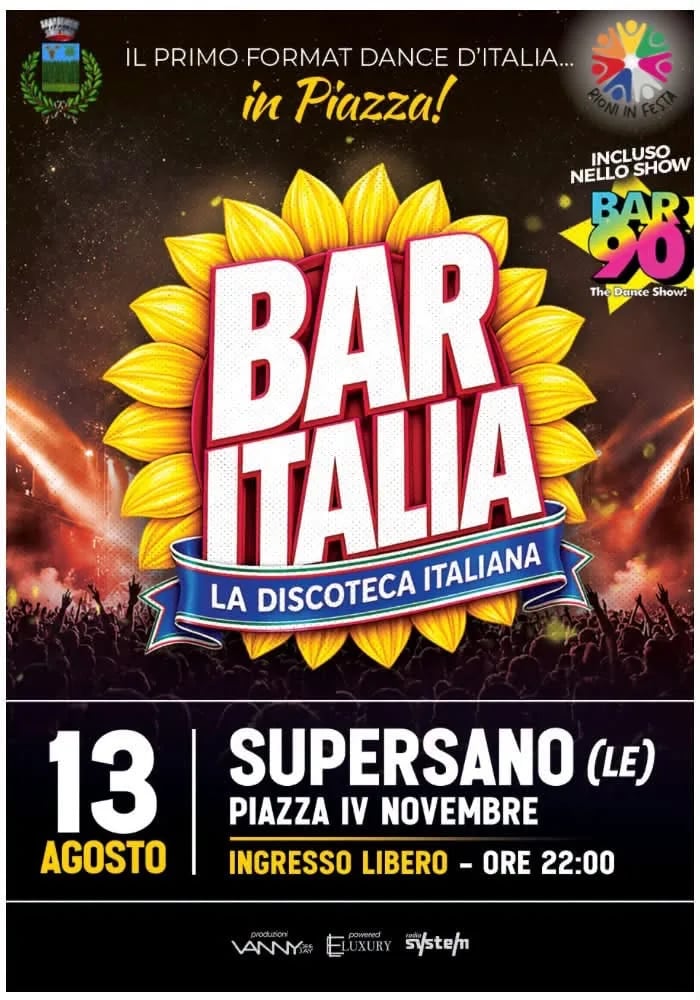 Locandina Bar Italia — La Discoteca Italiana 2026 a Supersano (Lecce)