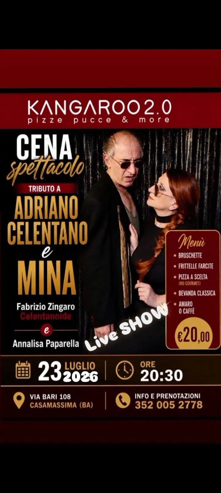 KANGAROO 2.0 Cena Spettacolo Tributo Adriano Celentano e Min