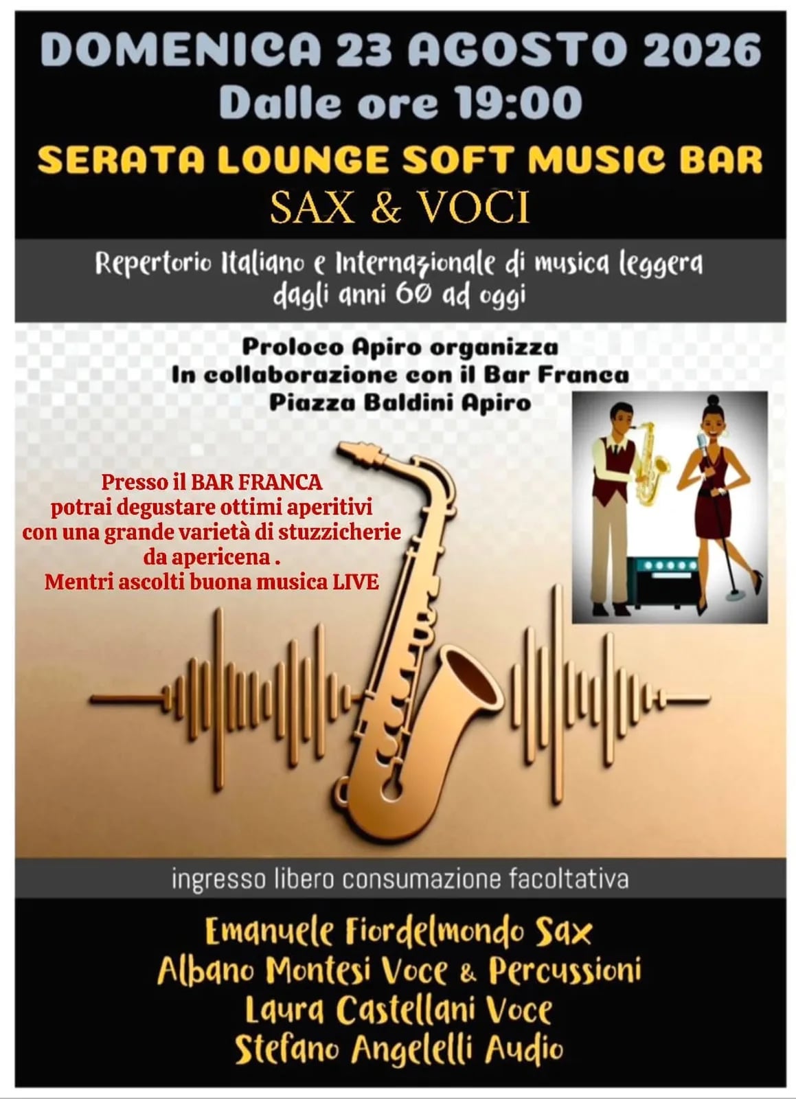 Locandina Serata Lounge Soft Music Bar 2026 a Apiro (Macerata)