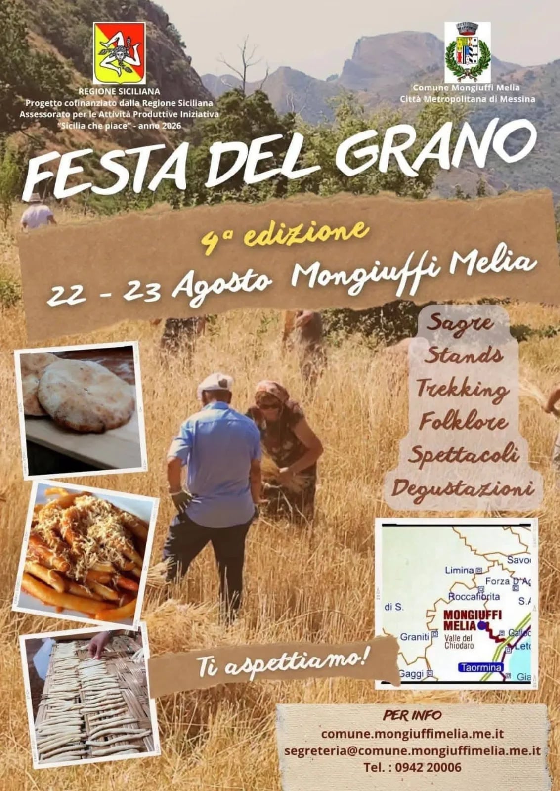Locandina 4ª Festa del Grano 2026 a Mongiuffi Melia (Messina)