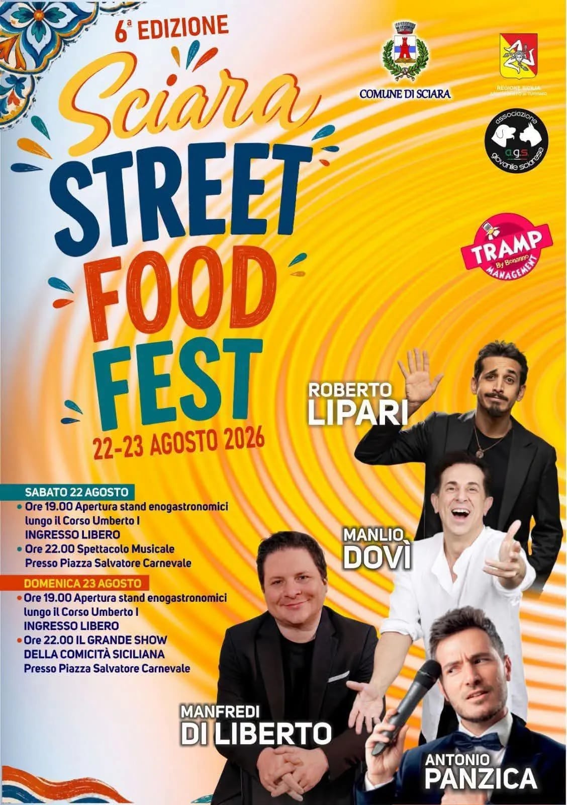 Locandina 6ª Sciara Street Food Fest 2026 — Comicità Siciliana a Sciara (Palermo)