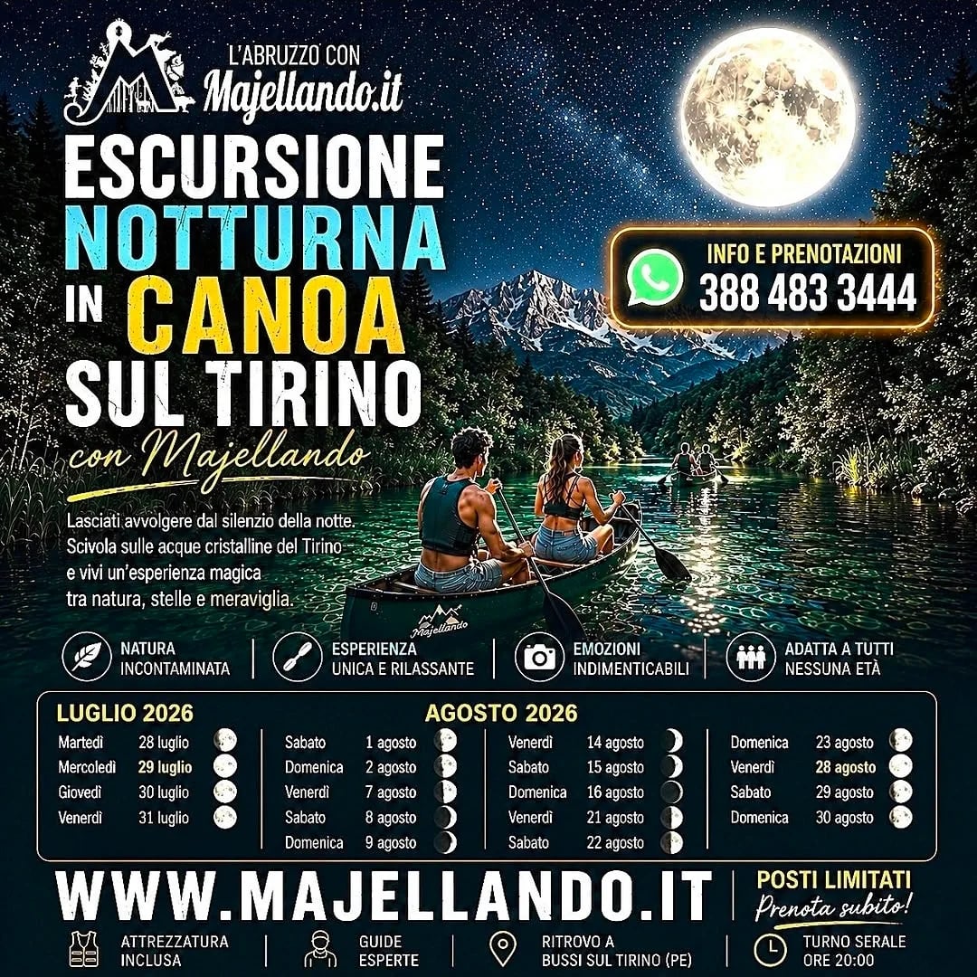 Locandina Escursione notturna in canoa sul Tirino 2026 a Bussi sul Tirino (Pescara)