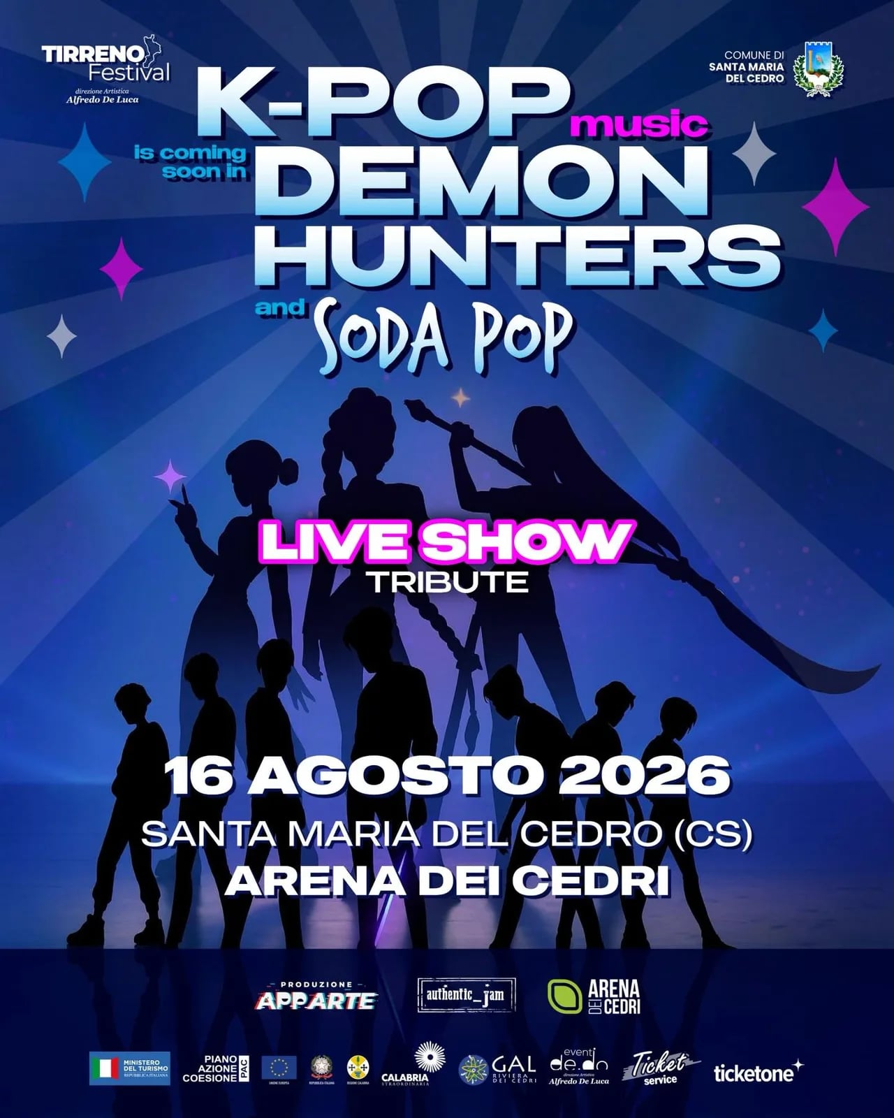 Locandina Tirreno Festival K-POP Demon Hunters and Soda Pop Live Show 2026 a Santa Maria del Cedro (Cosenza)