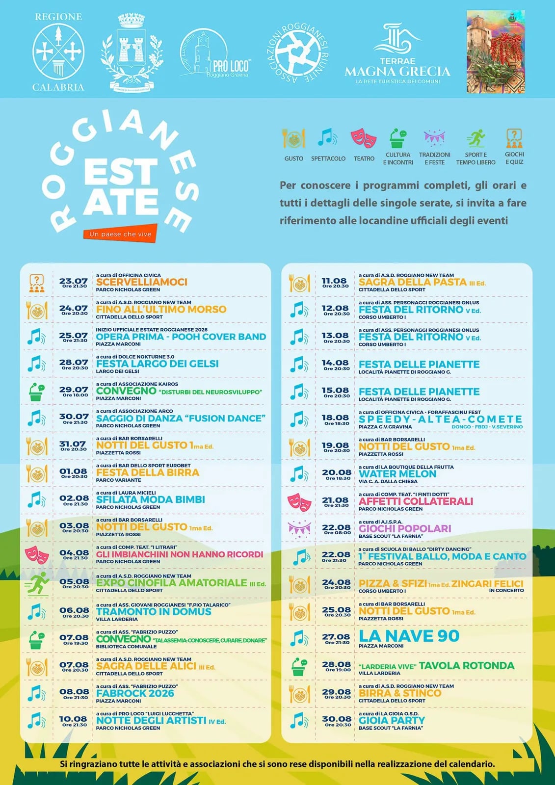 Locandina calendario eventi agosto 2026 a Roggiano Gravina (Cosenza)
