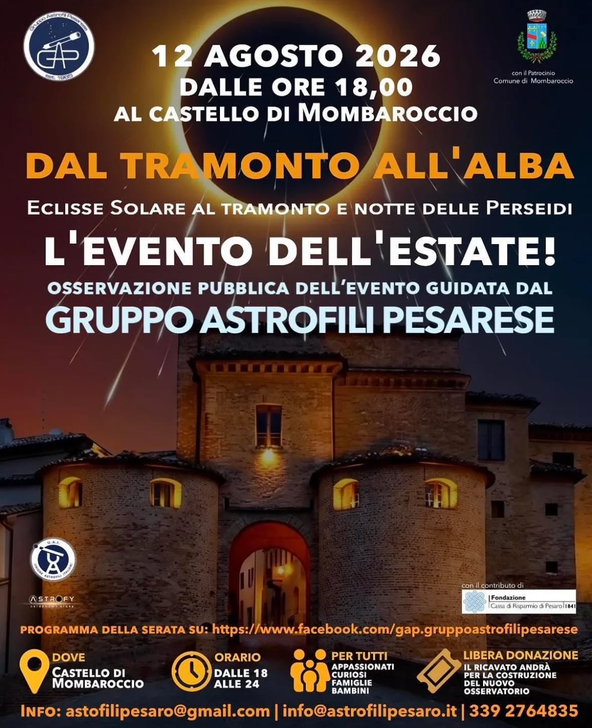 Locandina Eclisse Solare al Tramonto e Notte delle Perseidi 2026 a Mombaroccio (Pesaro e Urbino)
