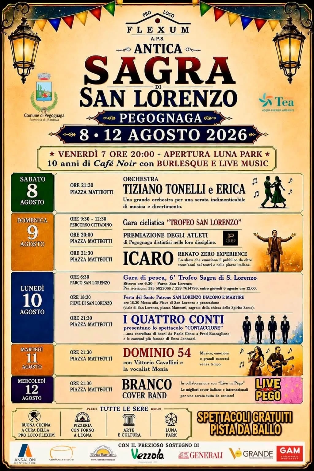 Locandina Sagra di San Lorenzo 2026 — Branco Cover Band a Pegognaga (Mantova)