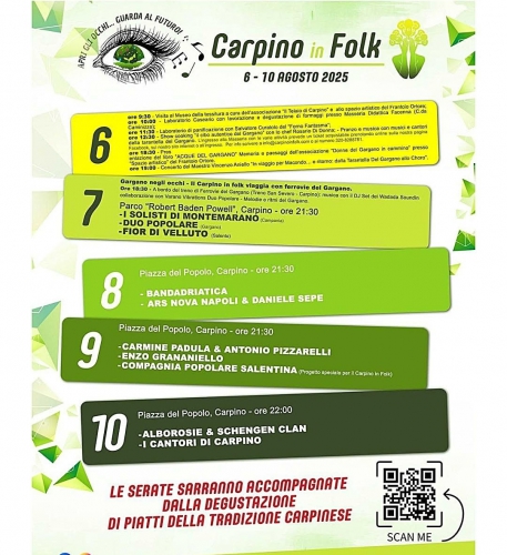 Carpino in Folk 2025 – Tradizione, musica e gusto dal 6 al 10 agosto nel cuore del Gargano