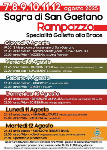 Sagra di San Gaetano 2025 – 6 Giorni di Specialità Galletto alla Brace e Grandi Spettacoli